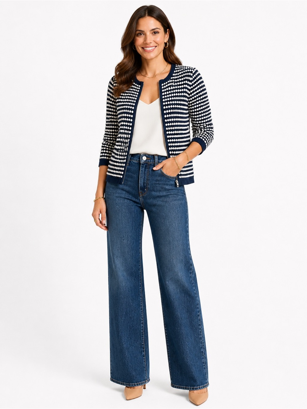 Ann Taylor Factory Navy and White Striped Open-Front Cardigan